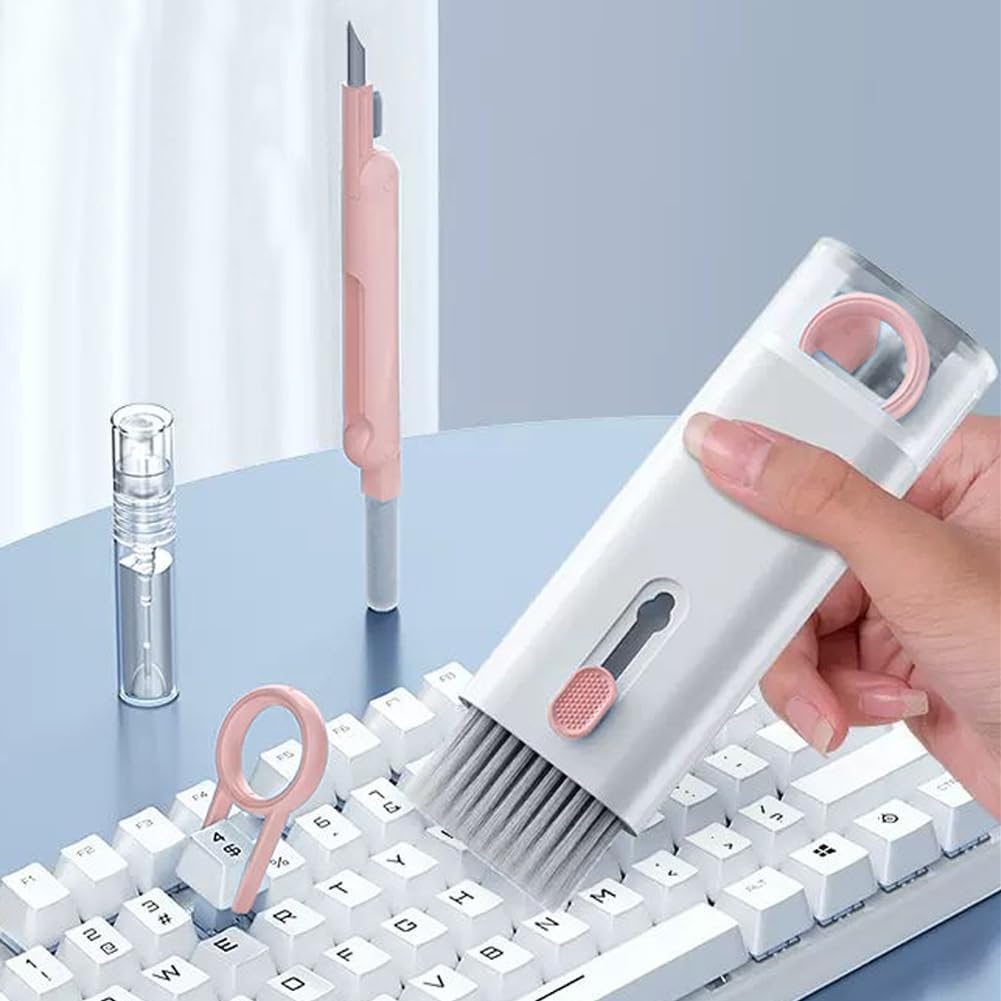 7 In 1 Laptop Cleaning Kit Keyboard Cleaner,Computer Screen Cleaning Brush Tool,Computer Cleaning Tools Kit Corner Gap Duster Keycap Puller(Pink)