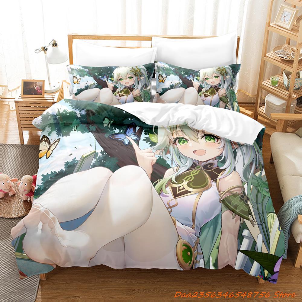 New Game Nahida Genshin Impact Bedding Collection Cartoon Anime ThreePiece Set Adult Kid Bedroom Duvetcover Collections 3D Kawaii Girls