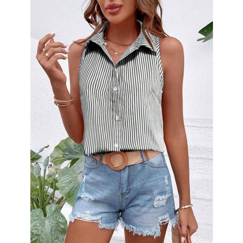 Camicia da Donna a Maniche Corte a Strisce Verdi e Bianche con Bottoni e Collo Top Casual Estivo