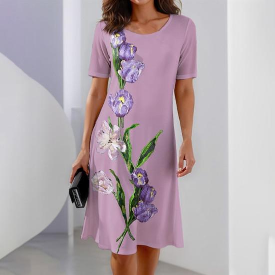 Women Dress Floral Breathable Pullover Sleeves O Neck Short Tulip Print Loose Soft A-line Knee