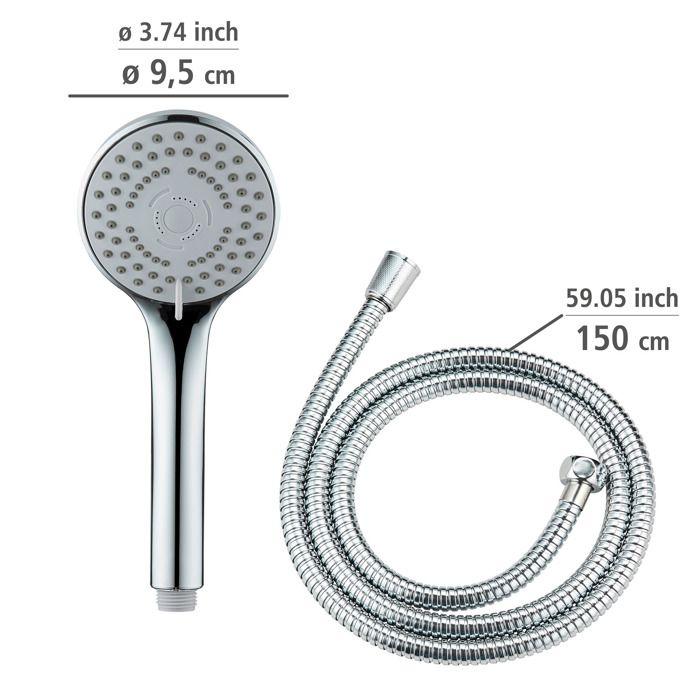 WENKO Ensemble de Douche BASIC | Douchette à main + Flexible 150 cm Inox | Pommeau 5 Jets &amp; Buses Anti-Calcaire | Chromé | Ø9,5 cm