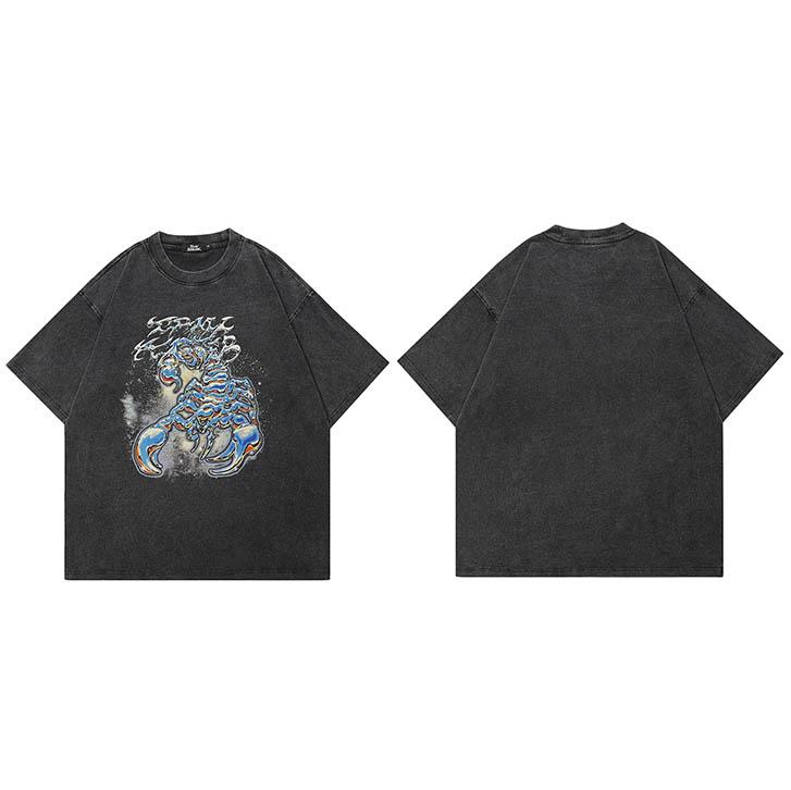 Hip Hop Faded Black TShirt Streetwear Scorpion Graphic T Shirt Printed Men Tshirt Cotton Tops Tees Hipster Apparel