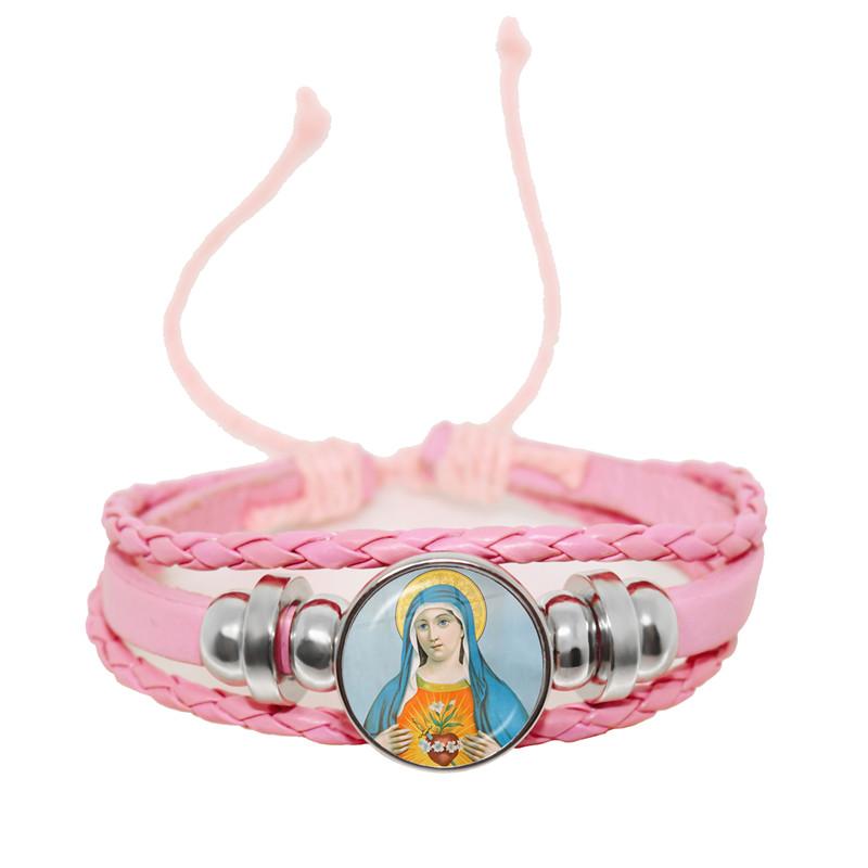 Virgin Mary Baby Jesus Christian Catholicism Jewelry Black Button Leather Bracelet Blessed Mother Religious Glass Cabochon Gift