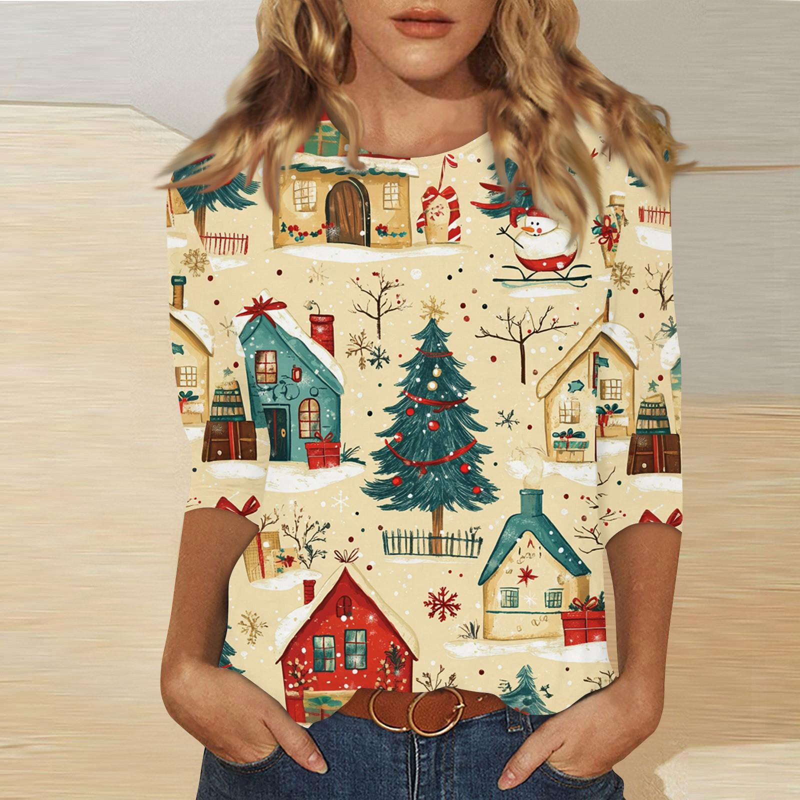 Женская мода повседневная три четверти рукава рождественский принт круглый вырез пуловер — фото 5