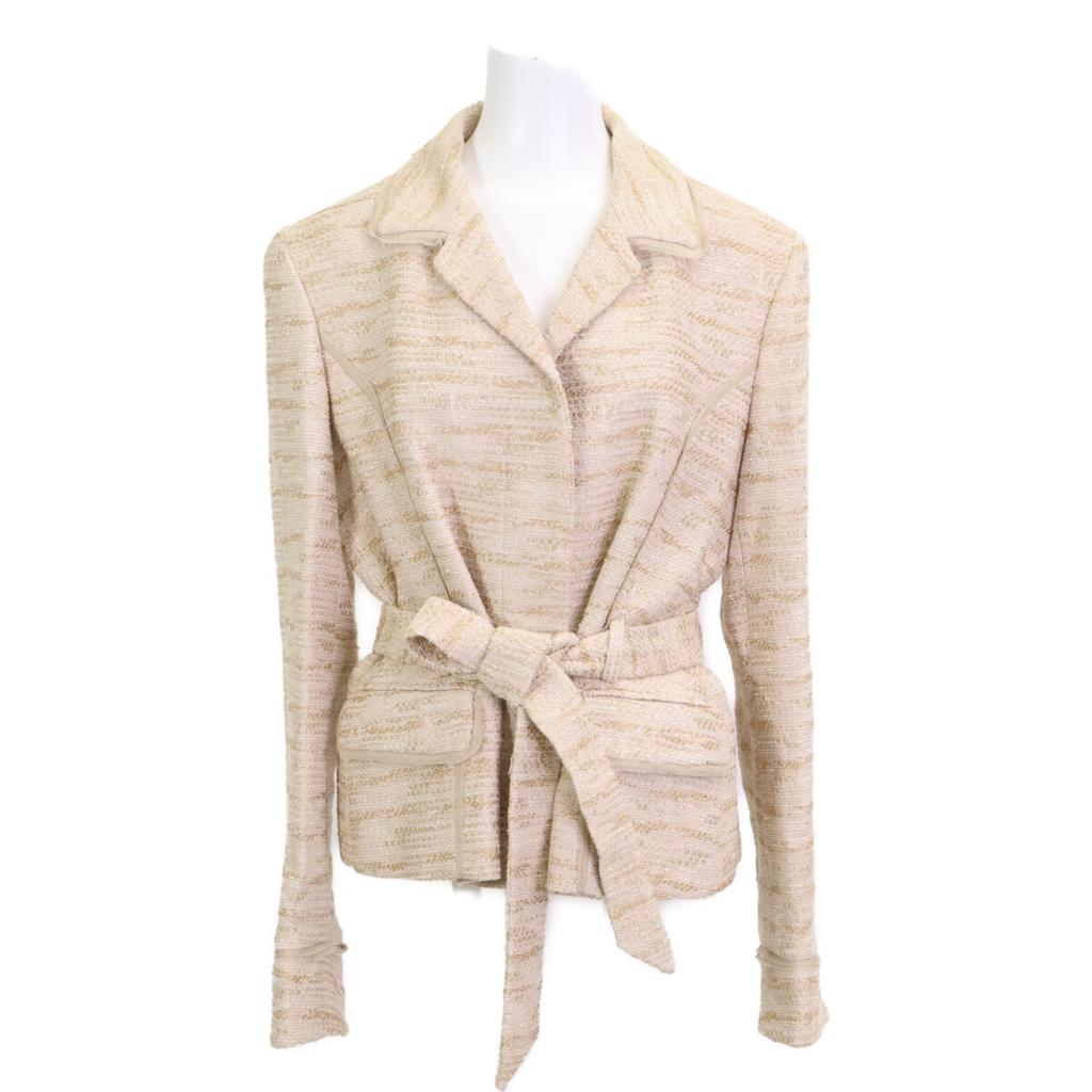 Salvatore Ferragamo Belted glitter yarn tweet jacket Jacket 48 beigeUsed