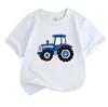 Kids Boys Girls 100% Cotton Crew Neck Short Sleeve T-Shirt, Cute Blue Cartoon Tractor Print Casual Summer Tee Tops for Children Daily Wear