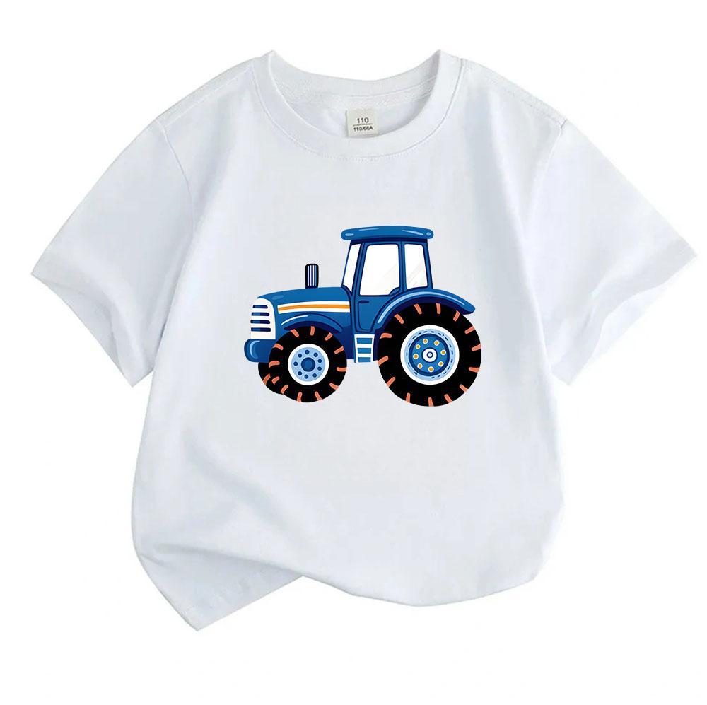 Kids Boys Girls 100% Cotton Crew Neck Short Sleeve T-Shirt, Cute Blue Cartoon Tractor Print Casual Summer Tee Tops for Children Daily Wear