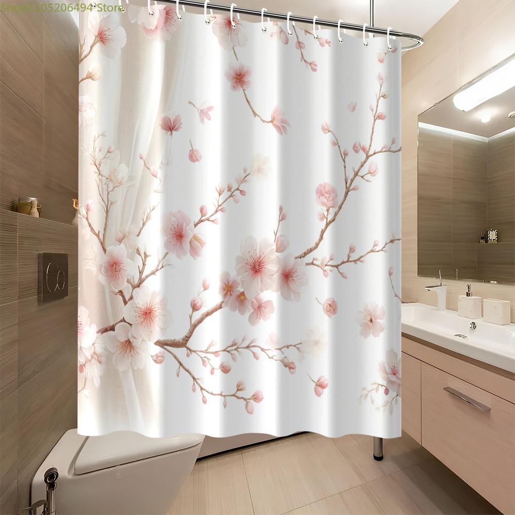2D Printed Shower Curtain Featuring a Beautiful Pink Cherry Blossom Design, Includes 12 Hooks, Made of Printed Polyester, Mach
