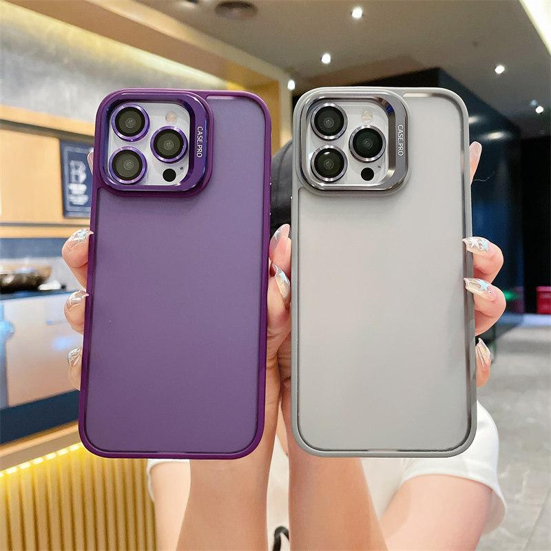 With Lesn Film Metal Camera Holder Stand Phone Case For iPhone 15 Plus 14 Pro Max 13 Pro 12 11 Shockproof Matte Lens Bracket Shell Cover