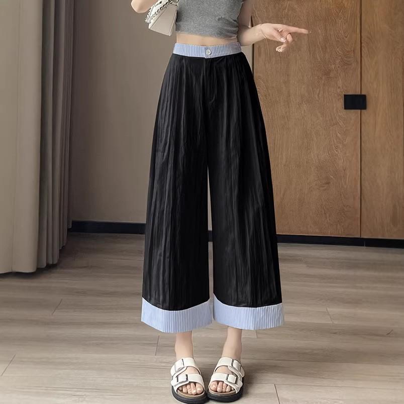 Women s Summer 2026 Fashion: Patchwork Stripe Wide-Leg Slimming Casual Pants Large чёрный
