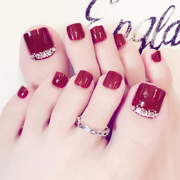 Wine Glossy False Toe Nails Fashion Square Short Full Cover 24PCS Fake Toenails
