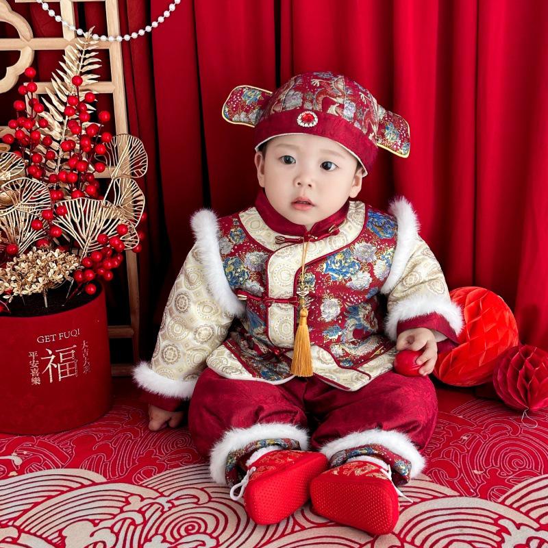 Children's Chinese Tang Suit: Boys' First Birthday Autumn/Winter Set with Grab-the-Week Hat & Festive Outfit