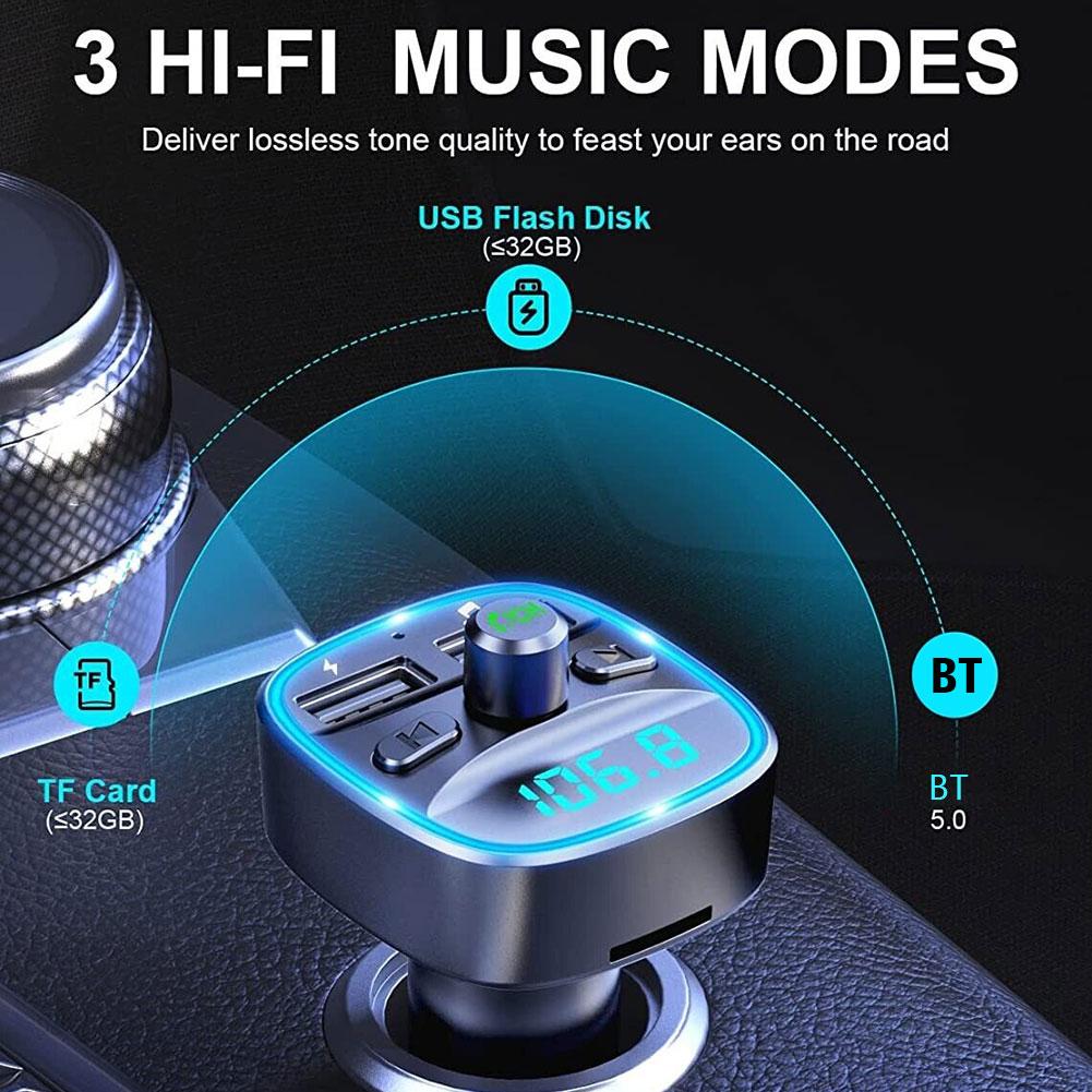 Car Adapter Bluetooth 5.0 Wireless 2 USB Port Charging Hand-free Call Blue LED Light Fast Charging FM Transmitter Car Accessory
