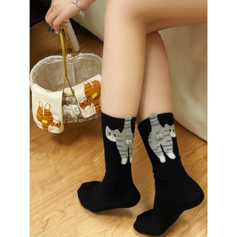 Cartoon Cute Cat Balls Cotton Socks Kawaii Lolita Knitting Socks Women Girls Middle Tube Sleep Sock Cat Print Floor Sock