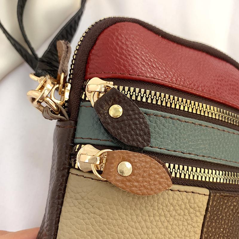 100% Genuine Leather Women Shoulder Bag Multi Zipper Soft Cowhide Girls  Small Mobile Phone Bag Color Stitching Color Random