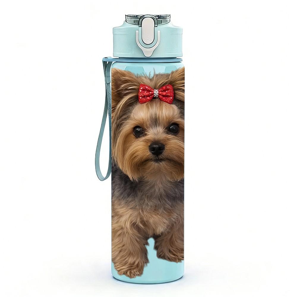 1PC Yorkie Puppy With Red Hair Bow 750ml Color Plastic Sports Water Bottle Leakproof Flip Straw Lid Suitable for Sports Office Home Use