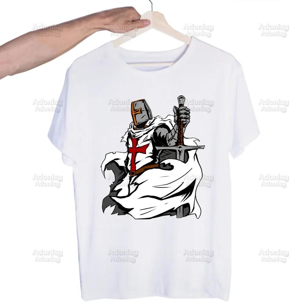 Medieval Knights Templar Printed T Shirt Men Retro Washed Tops Tees Harajuku Tshirt Streetwear Hip Hop Male T-shirts