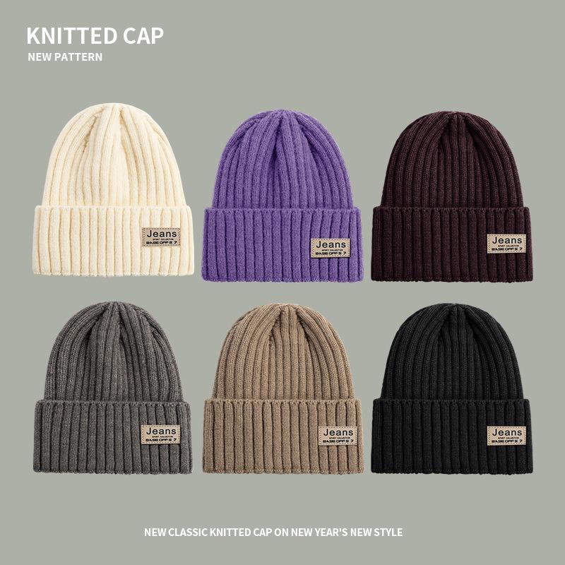 Coarse thread knitted hat children autumn and winter leather label letter wool hat big head circumference warm ear protection cold hat men