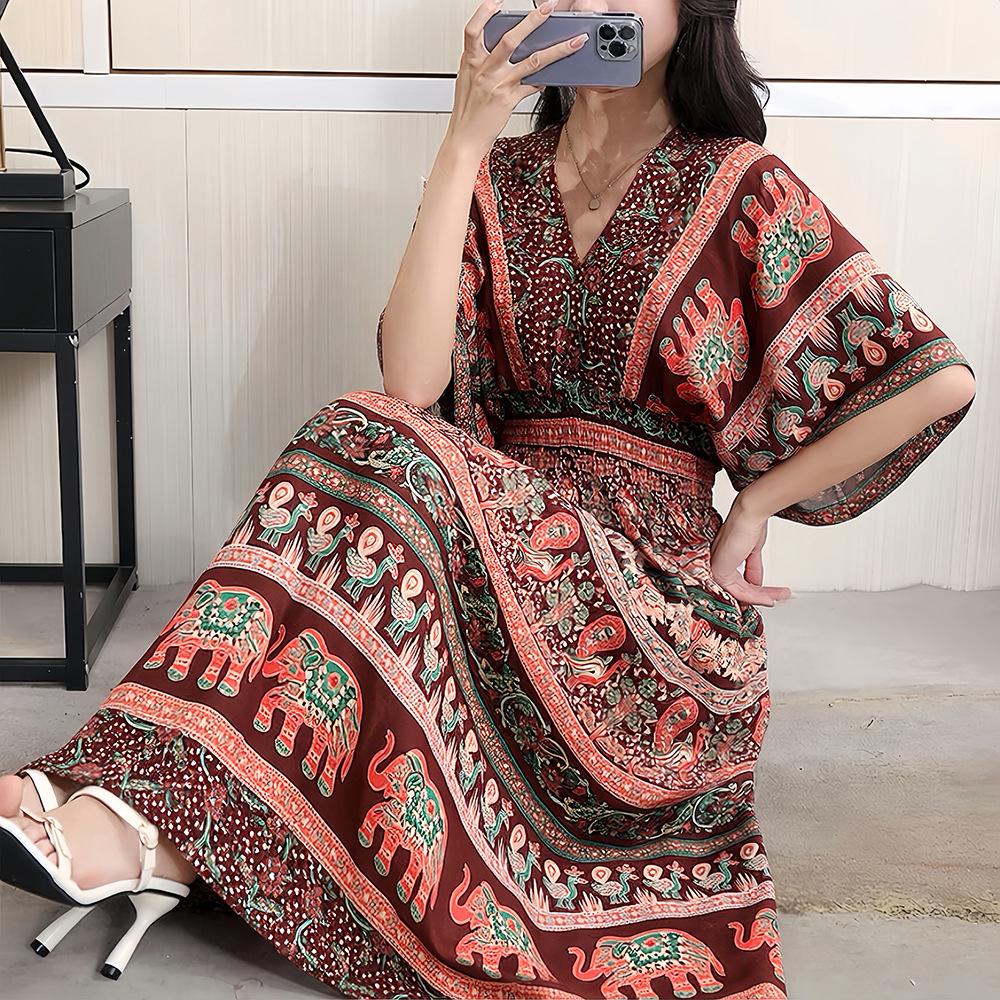 26-Year Floral V-Neck Cotton Silk Batwing Sleeve Beach Dress - Thailand Travel & Vacation Skirt Style