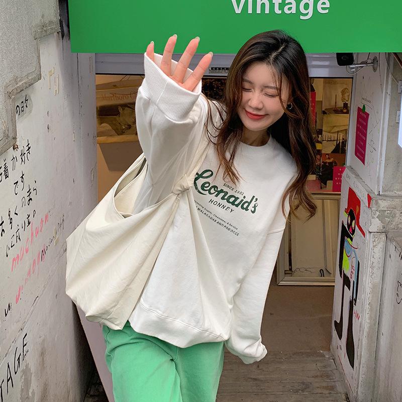 Women's Letter Print Raglan Hoodie, Tie Back Collar, Korean Style Autumn Long Sleeve BF Top
