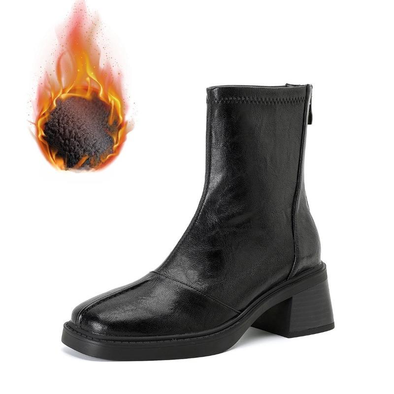 High-heeled Short Boots for Women in Autumn and Winter: Thick-heeled Short-toed Square-toed Shoes with Fleece Boots