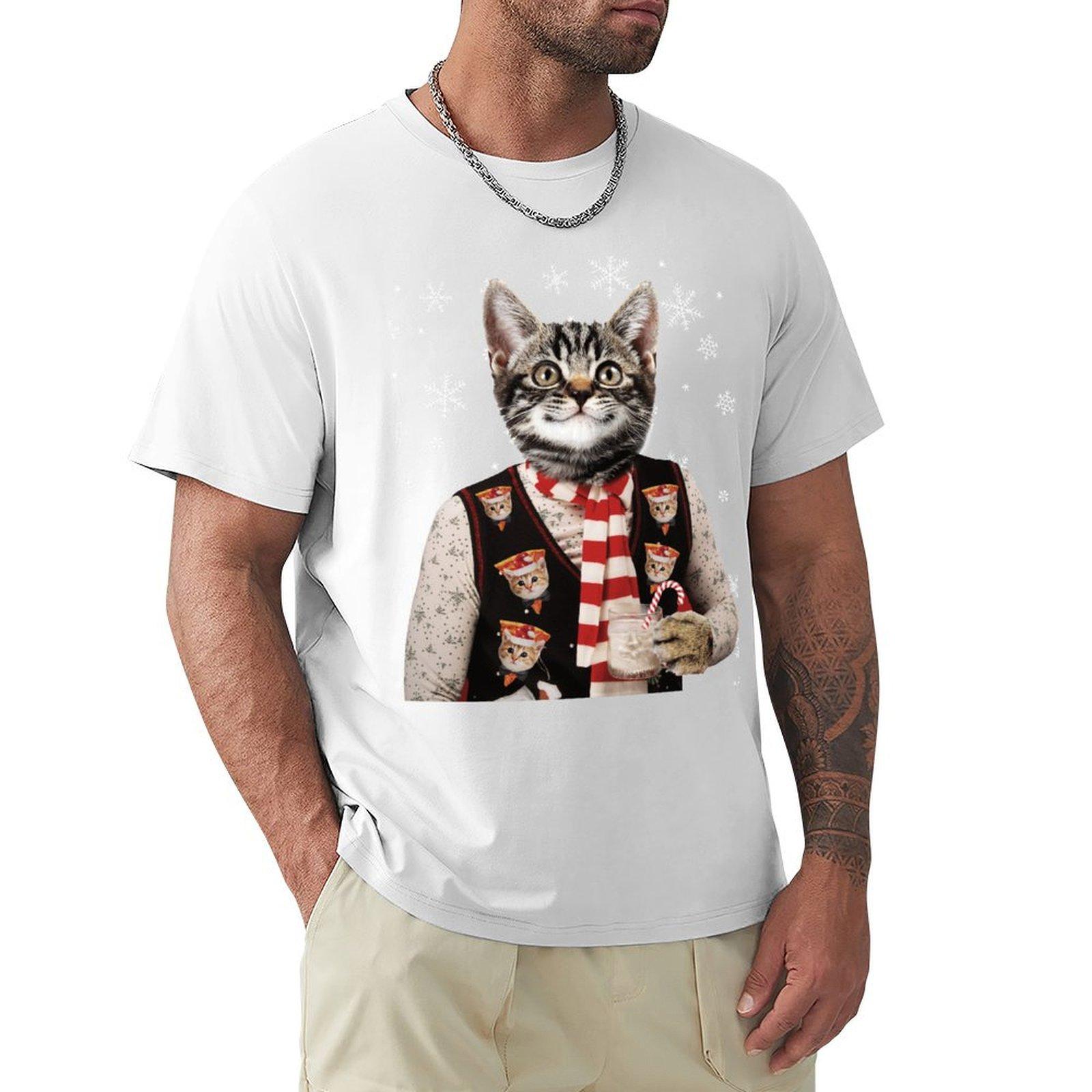 Hipster Cat Wearing Ugly Christmas Sweater With Pizza Cats On It Tshirt Holiday Outdoor Tshirt S