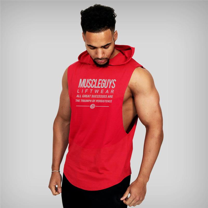 Muscleguys Muscleguys Brand Summer Mens Letters Print Gym Stringer Hooded Vest Bodybuilding Clothing Fitness Sleeveless Tank Tops Men