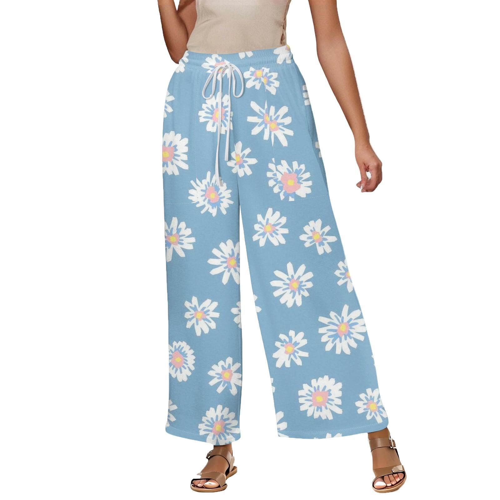 Women s Summer Elastic Waist Floral Print Cotton And Linen Loose Cropped Pants XXL