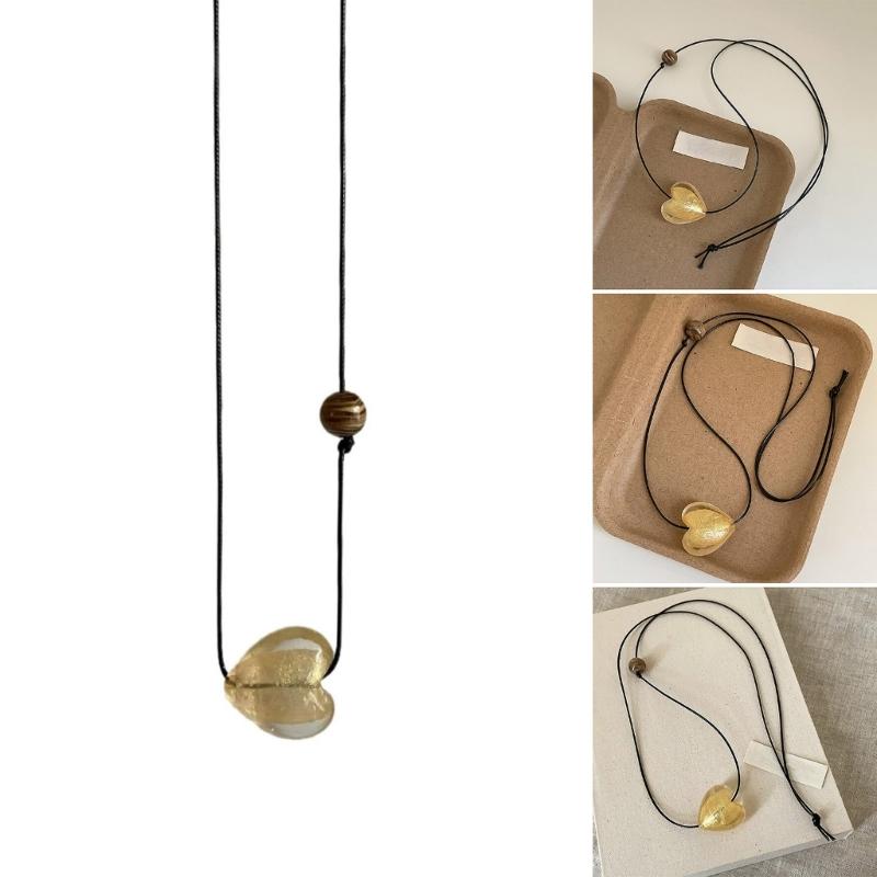 Elegant Handmade Colored Glaze Heart Choker Adjustable Black PU Leather Chain Necklace Trendy Accessory for Ladies