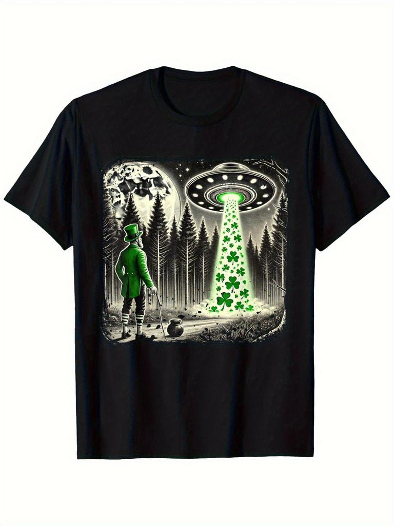 St Patrick Day UFO Leprechaun Graphic Tee Men Women Casual Cotton Short Sleeve T-Shirt Daily Wear