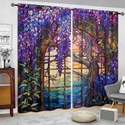 2 pièces Rideau imprimé fleur de glycine en vitrail pour décoration intérieure, poche pour tringle, traitement de fenêtre pour chambre à coucher, cuisine, salon