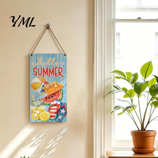 Decorative Wooden Sign Summer Hanging Sign, Welcome Front Door Decor with Solid Wood Wall Plaque Rope, Colorful Hanger for Seasonal Farmhouse