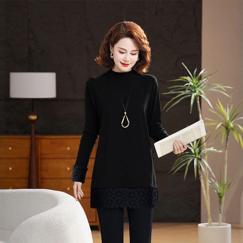 

2026 Spring/Autumn Lace Trim Mid-Length Age-Reducing Women s Loose Slimming Top M [90-105 jin] чёрный