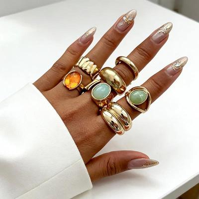 Trendiges Stapelbares Edelsteinring-Set - Verstellbare Retro-Metall-Offene Ringe für Damen