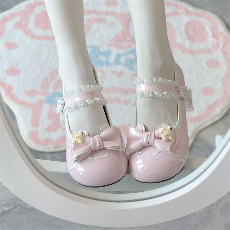 Campus Wind Sweet Pink Lo Shoes Japanese Round Head Single Shoes Women's Bow Summer Cute Cute One-word Buckle Leather Shoes