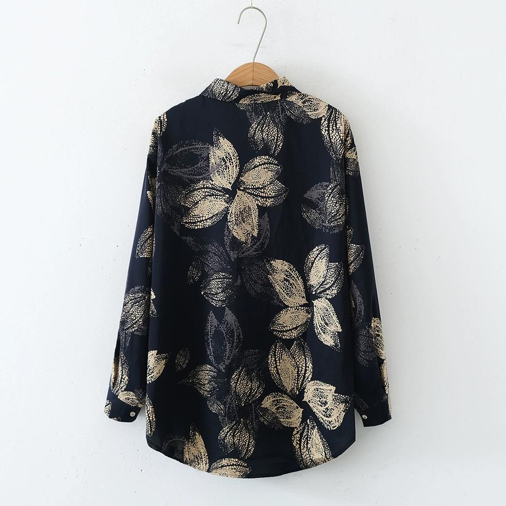 European and American Style Women's Flower Print Loose Collared Long Sleeved Fashionable Shirt