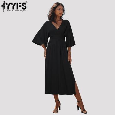 Women's Fashion Summer Spring Solid Color Print 1/2 Sleeves V-Neck High Waist Casual Dresses