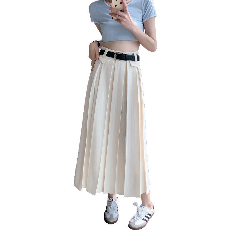Grauer Midi-Rock mit hoher Taille, Falten, A-Linie - Schlankmachend, Petite, Französischer Stil für Frühling und Sommer