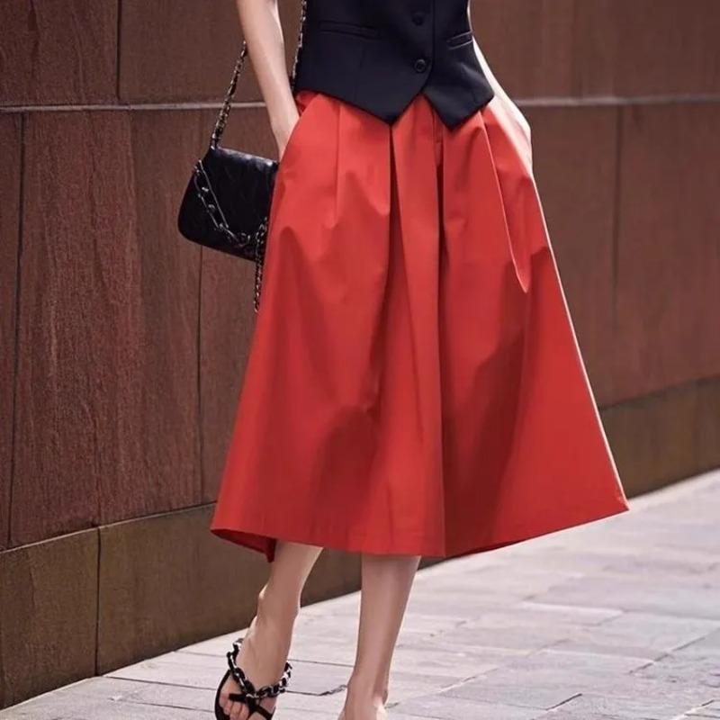 

Women s Red High Waist A-Line Midi Skirt Casual Pleated Flared Skirt with Pockets L червоний