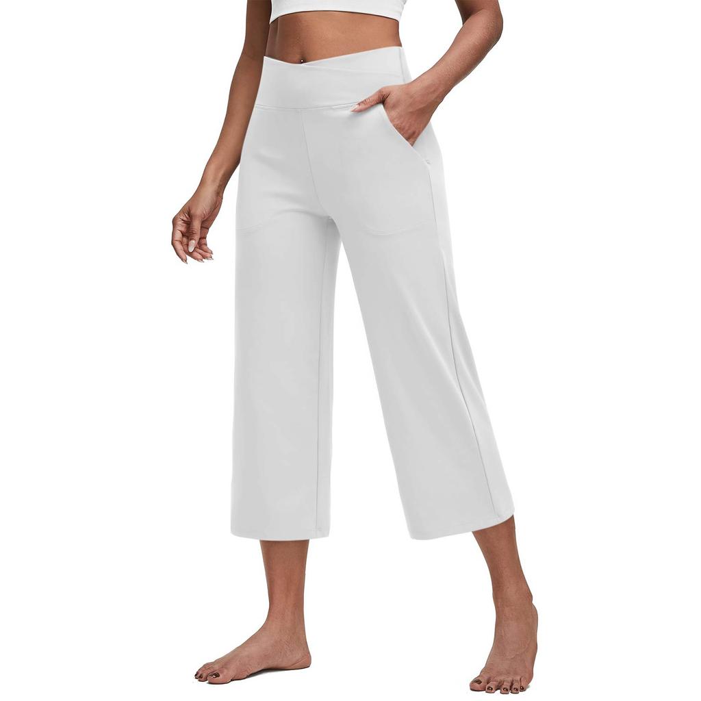 Women Elastic High Waist Casual Fit Wide Capris Leg Pants Yoga Leggings Soft Gym With Pockets
