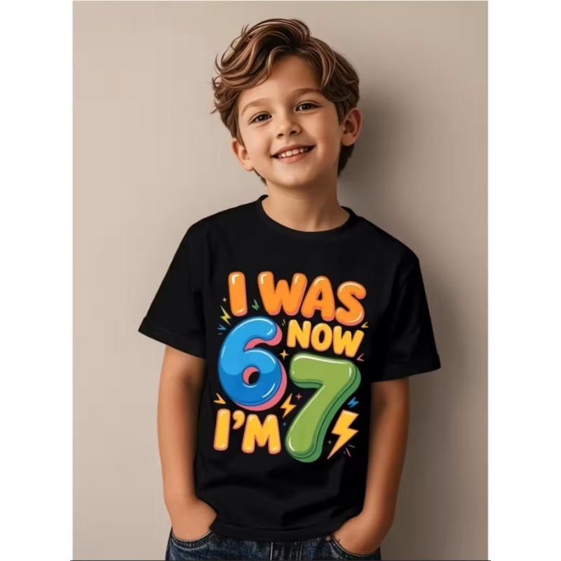 Boys' 7th Birthday T-Shirt Number 67 & Lightning Bolt Design - Round Neck Short Sleeve Party Outfit for 7 Yea