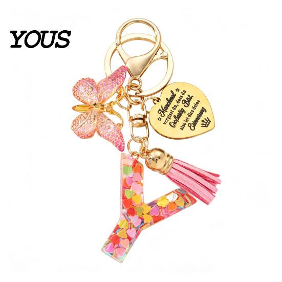 Keychain Pendant Pendant, Sequins Initial Letter Charm Key Chain with Butterfly Tassel Stainless Durable Steel Heart Design, A-Z Holder for Bag