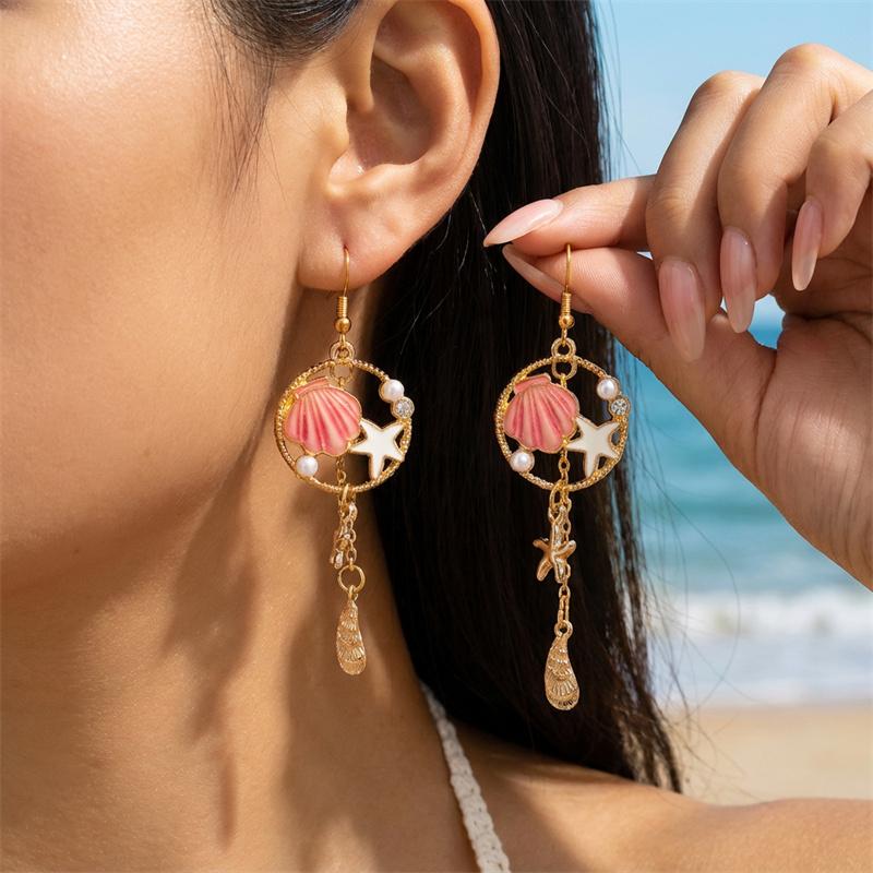 

Boho Ocean Style Shell Starfish Drop Earrings For Women Retro Zircon Seashell Star Conch Dangle Earring Girl Beach Party Zircon