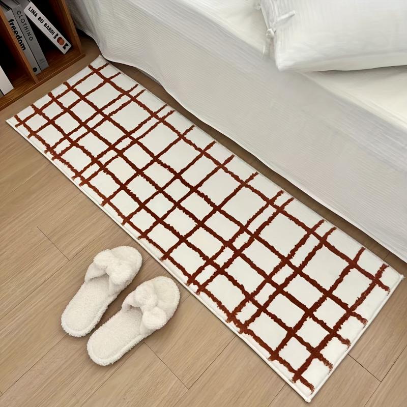 Irregular Plush Grid Runner Rug Non Slip Soft Long Bedside Floor Mat Minimalist Black White Bedroom Home Decor Carpet
