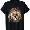 Shih Tzu T Shirt Floral Dog Face Pet Lover Vintage Washed Graphic Stretched Casual Streetwear Versatile Top For Everyday Wear
