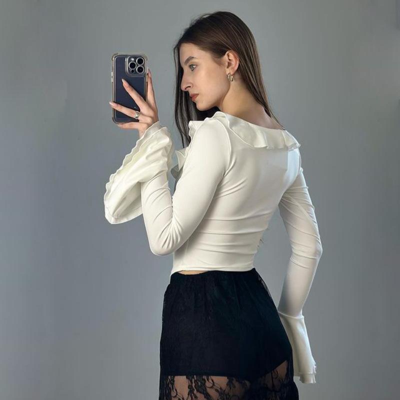 Topuri Albe cu Volane pentru Femei Sexy Slim Solid Mânecă Lungă Pulover Top Elegant Patchwork Streetwear Casual Top Tricou Femei