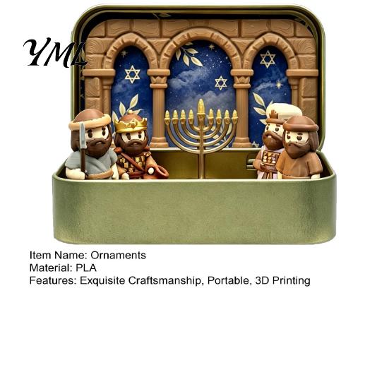 Religious Home Decoration Hanukkah Miniature Diorama Scene Box, 3D Printed Pocket Figurine Set with Decorations Storage Case, Menorah Micro