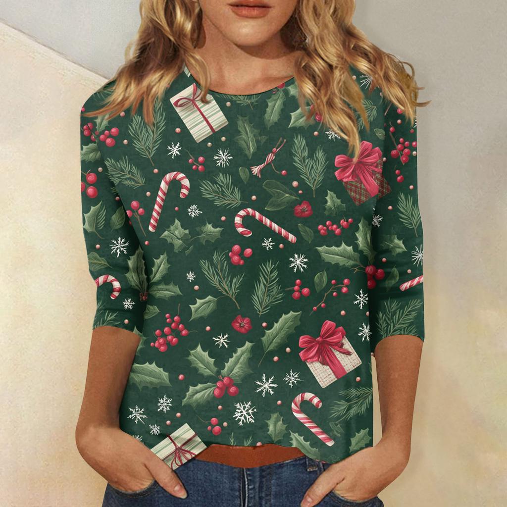 Damebluser Trekvart ermet skjorte V-hals Løs fritidsskjorte Trykk T-skjorte