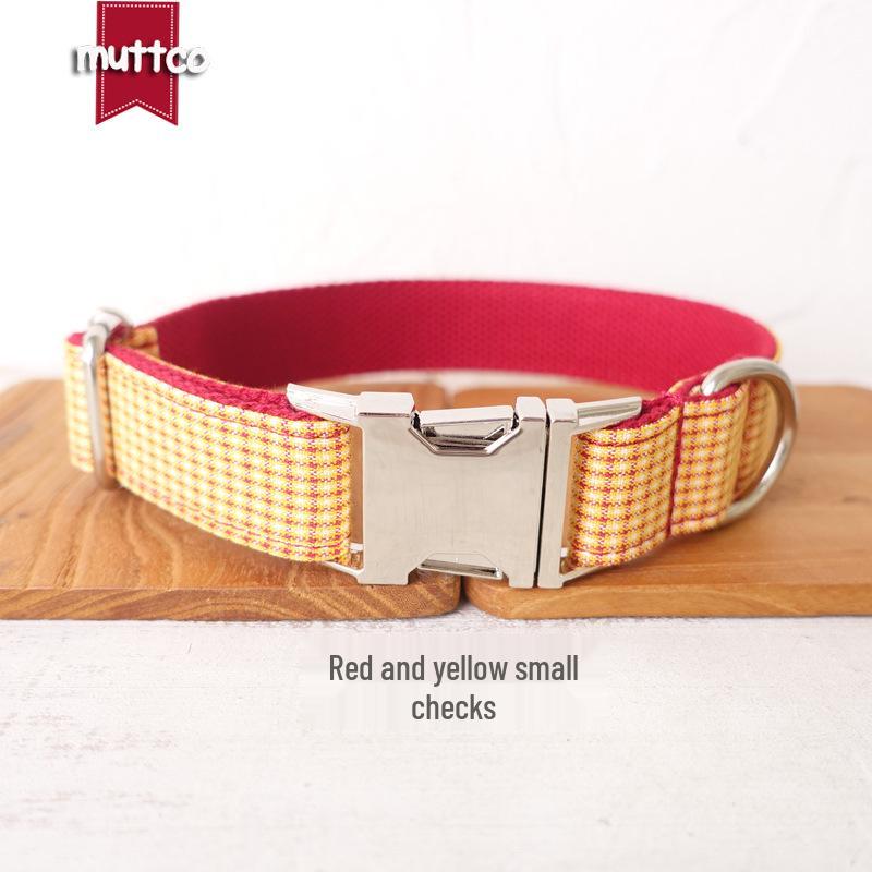 MUTTCO Red Yellow Plaid Personalized Dog Collar with Thickened Zinc Alloy Buckle - Small Size Extra Small