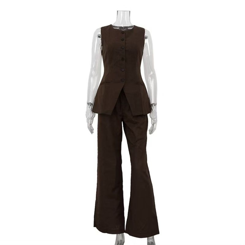 

Fashion Style New Arrival Fashion Sleeveless Vest Top and Trousers Two-Piece Suit Vest and Pants Set Suit Brown S